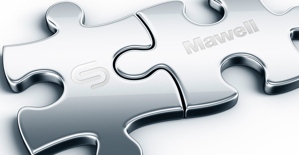Two interconnected metal puzzle pieces with CSAM and Mawell logo. Illustration.